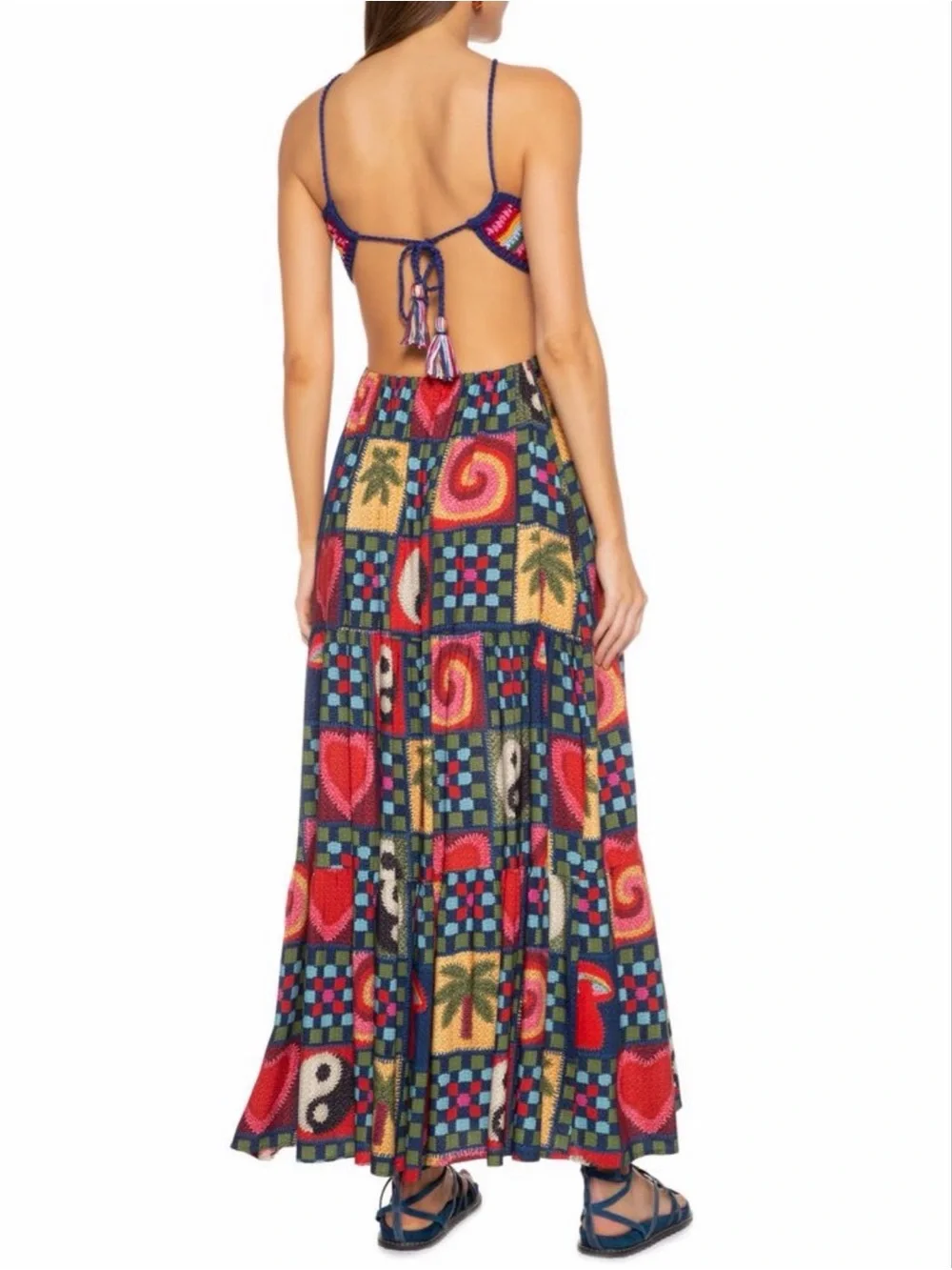 FARM Rio Patchwork Crochet Cutout Maxi Dress Yin Yang Hearts Palm Medium NWT - Picture 7 of 9